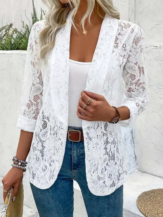 Fashion Women Lace Hollow Out Elegant Long Sleeve Coat Autumn Solid Color Loose Cardigan Blazer Spring Casual suit Jacket
