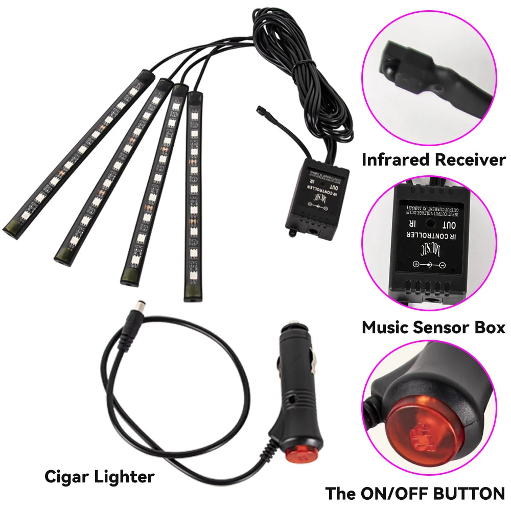 RGB LED Car Interior Ambient Light Strip – 36/48/72 LED Remote & App Music Control | USB or Cigarette Lighter | Atmosphere Foot Light