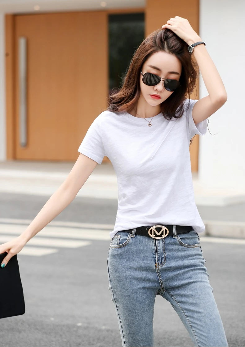 Women's slub cotton button tee, loose crew neck — view 8 of 20