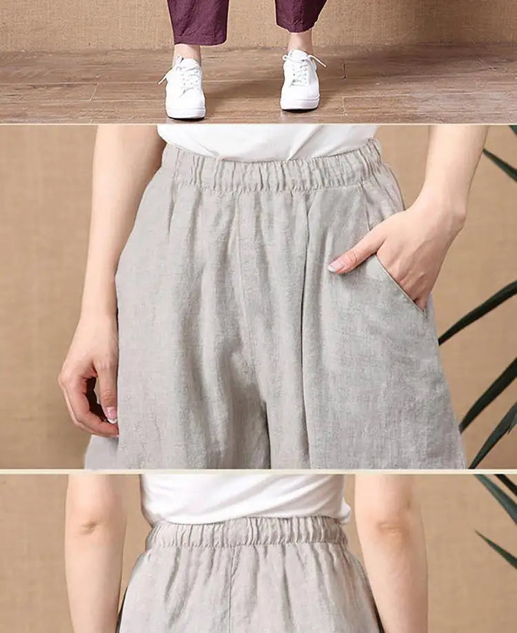 Loose Wide Leg Cotton Linen Pants High Waist Nine Points Women's plus Size Summer New Sle Casual Trousers Versatile Loose Fit