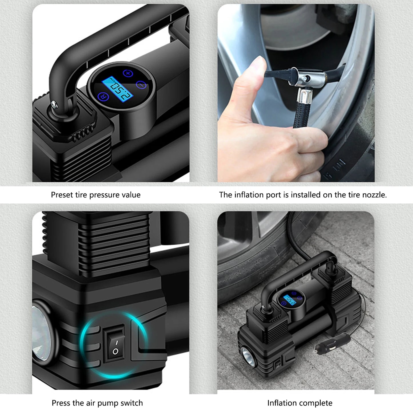 Automatic Digital Display Smart Preset Inflation Tire Inflator with LED Light 12V 150PSI Wire Auto Tire Inflator Pump, car ,tool