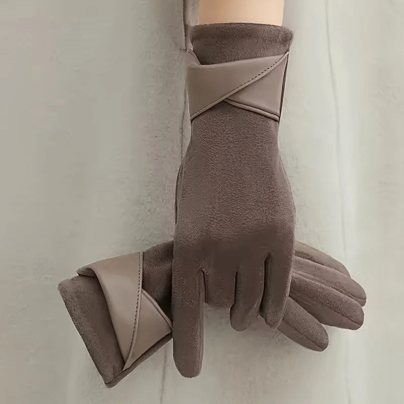 [Thermal Winter Gloves] Women's Thermal Winter Gloves - 1 Pair Elegant Brown with Beige & Grey | Soft Warm Lining