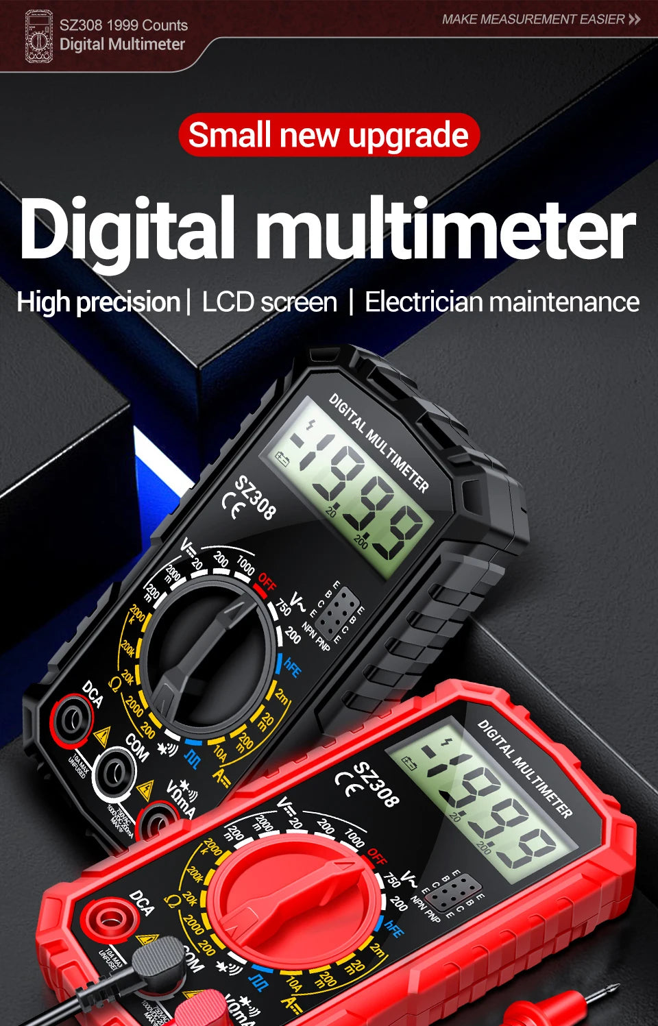 Digital MultimeterAC/DC Current Voltage Resistance Meter Meter Electrician LCD Backlight Ohm Square Wave Test tools ANENG SZ308