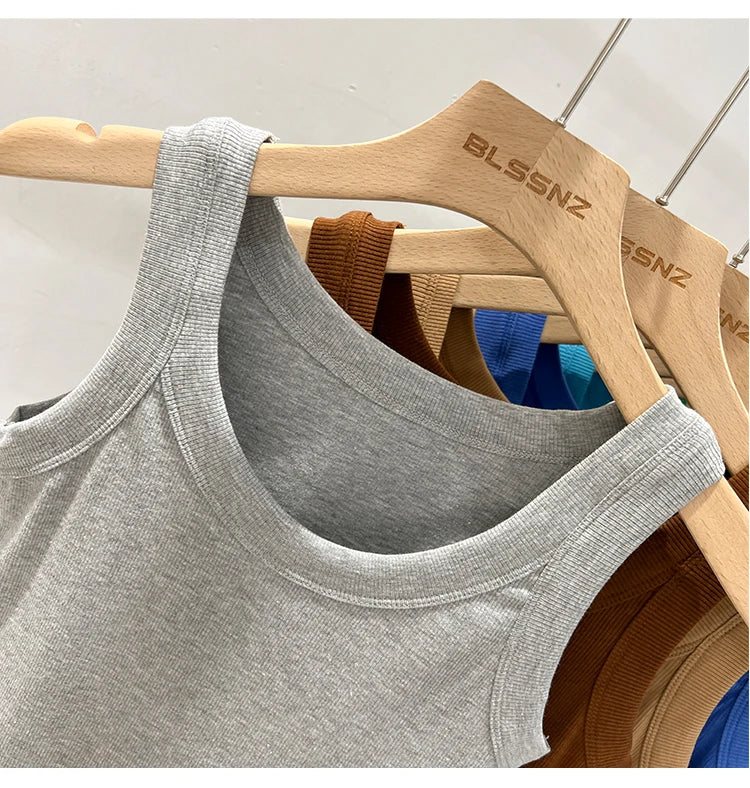 AOSSVIAO Women Solid Round Neck Ribbed Tank Top Camisole Women 2026 Summer Basic Elastic Tank Top O Neck Solid Tank Top