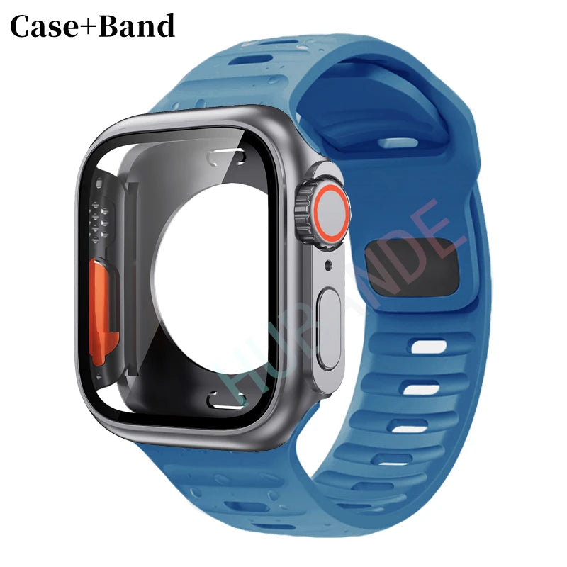 Silicone strap For Apple Watch 44mm 45mm 41mm 40mm Bracelet+Screen protectores Change to Ultra For iWatch Series 9 8 7 SE 6 5 3