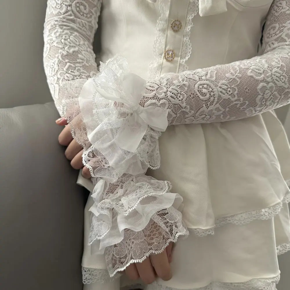 1 Pair Women Lolita Jk Lace Fingerless Gloves Black Gothic Fake Sleeves Trendy Elastic Long Lace Arm Sleeves Clothes Decoration