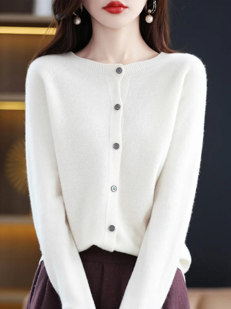 Women Cashmere Sweater 100% Merino Wool Knitted Cardigan Autumn Winter Knitwear O-Neck Female Solid Color Casual Fashion Top