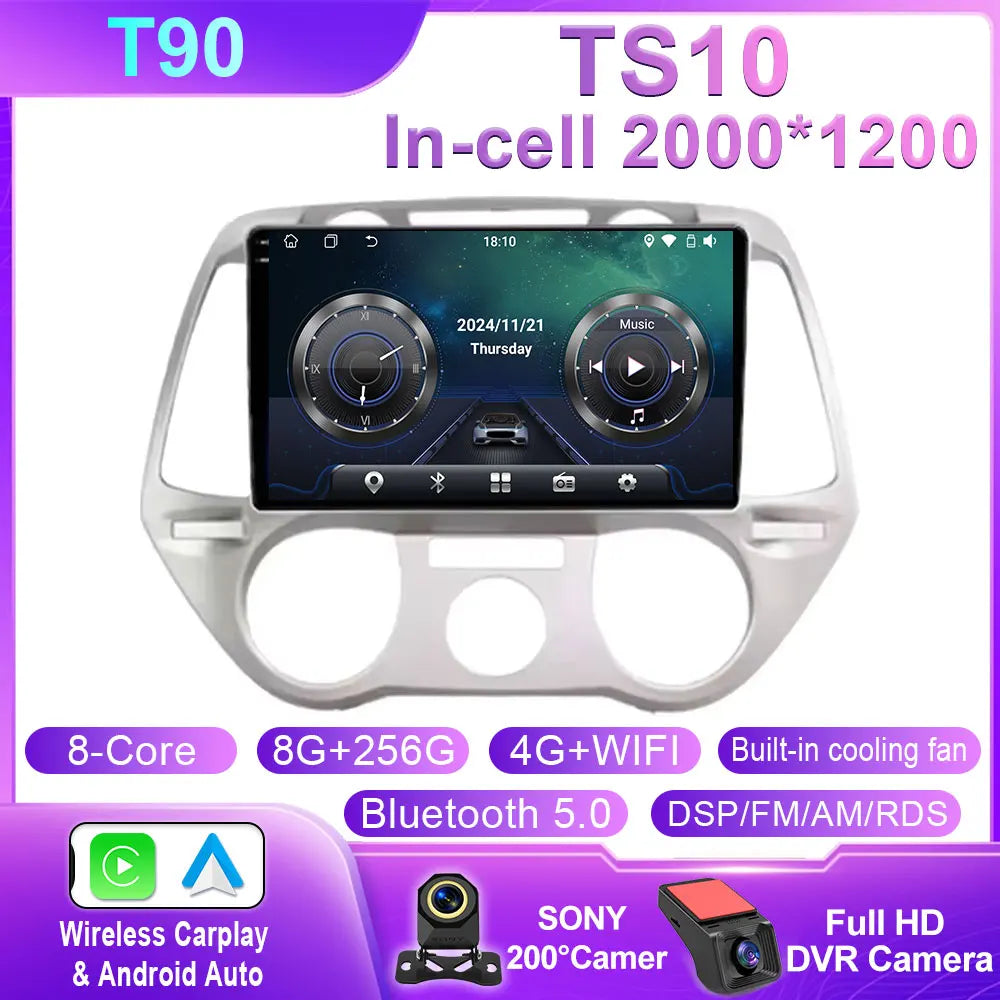 Android 16 Carplay For Hyundai i20 2008 2009 2010 2011 2012 Car Radio Stereo Multimedia Video Player DSP GPS 4G WIFI QLED Screen