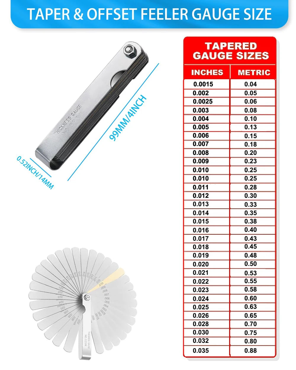 32 Blades Feeler Gauge Set Stainless Steel Dual Marked Metric and Standard SAE Valve Thickness Gauge Gap Measuring Tool