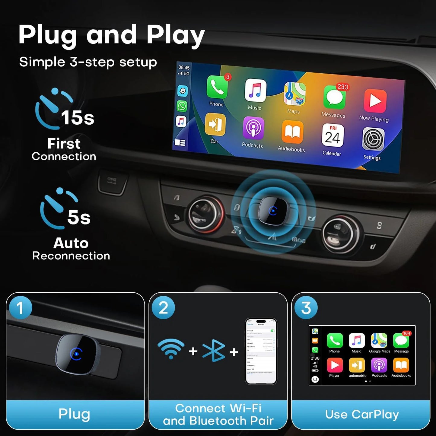 2-in-1 Wireless CarPlay & Android Auto Adapter — Universal Fit, Plug & Play for iOS and Android