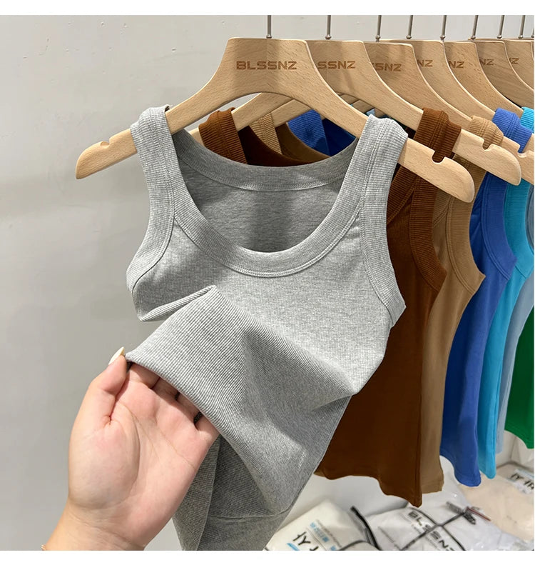 AOSSVIAO Women Solid Round Neck Ribbed Tank Top Camisole Women 2026 Summer Basic Elastic Tank Top O Neck Solid Tank Top