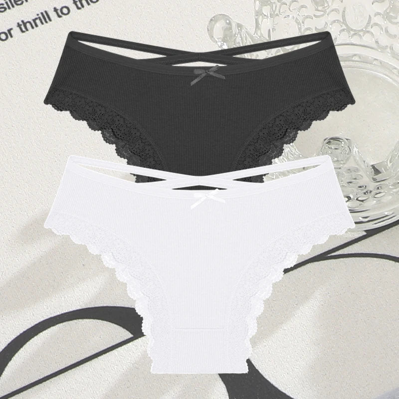 2PCS Cotton Panties for Women Sexy Lace Brazilian Briefs Female Low-Waist Cross Webbing Underpants Stretch Breathable Intimates