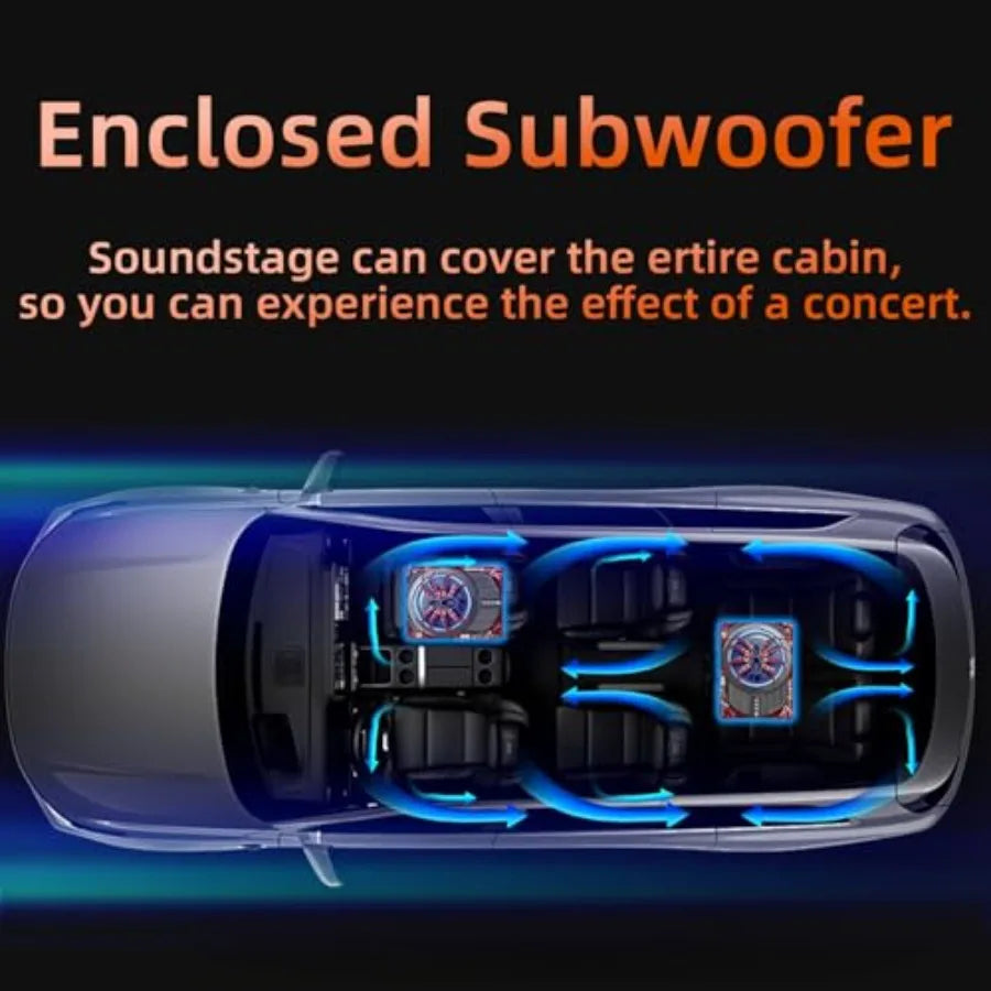 Under seat subwoofers for vehicles: 1600W slim 10-inch with built-in amp, black finish, LED ambient light, deep bass, individua