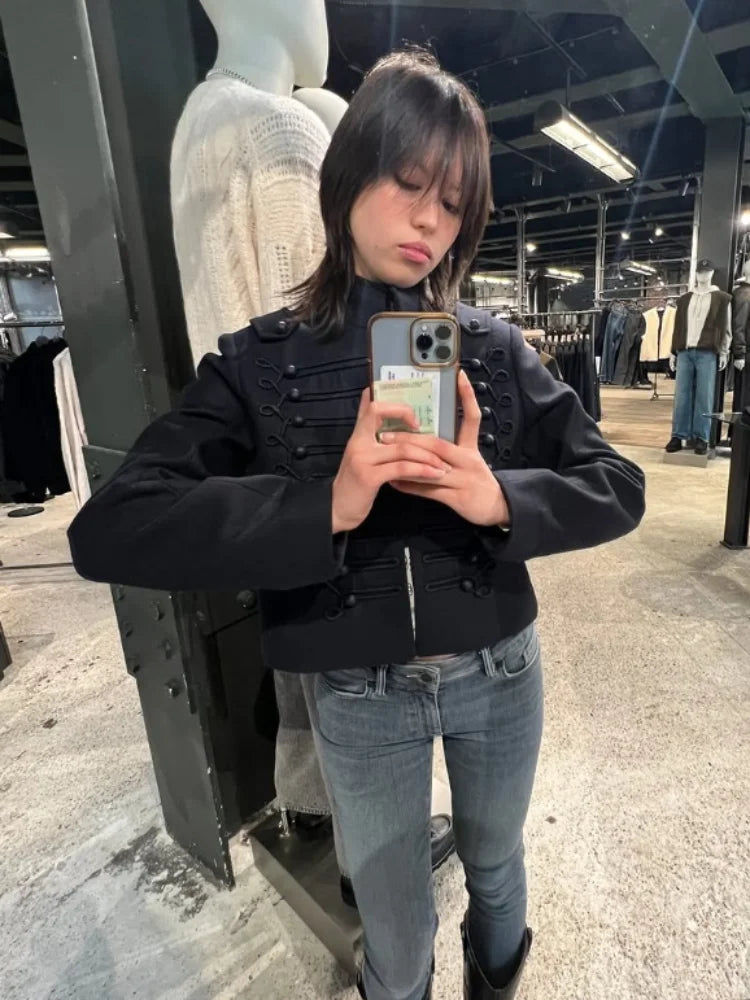 Women Retro Black Short Military Jacket Fashion Long Sleeve Stand Collar Slim Crop Jackets 2026 Lady Spring Street Outerwear