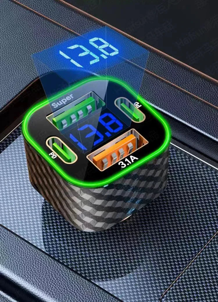 USB-C Car Charger 4-in-1 Dual PD Fast Charge with Voltage Display – iPhone, Samsung, Xiaomi