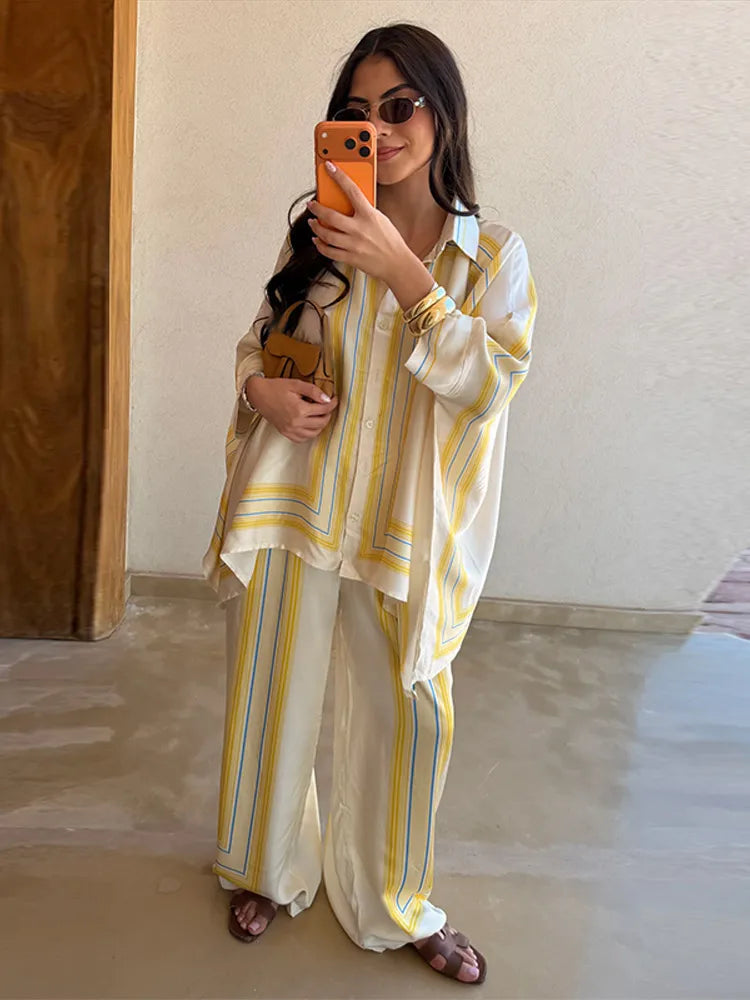 Striped Shirt & Wide-Leg Trousers Set — Women's 2-Piece