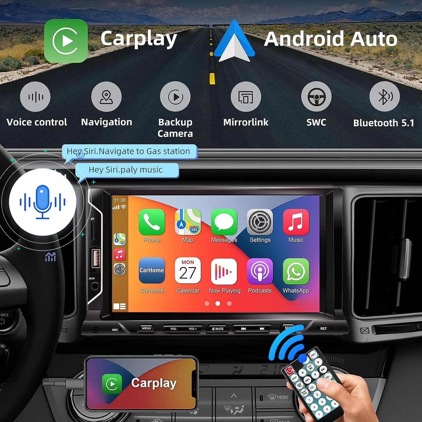 7" 2-DIN Car Stereo with Backup Camera — CarPlay, Android Auto, Bluetooth, Mirror Link, FM/AUX