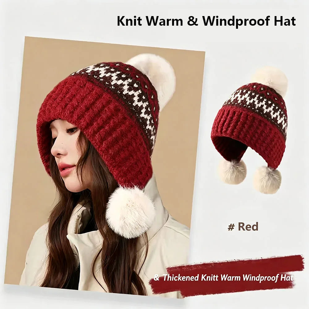 Women Winter Hat - Thickened Warm Beanie With Ear Protection Cold Proof Knitted Cap For Christmas Gifts Red Grey