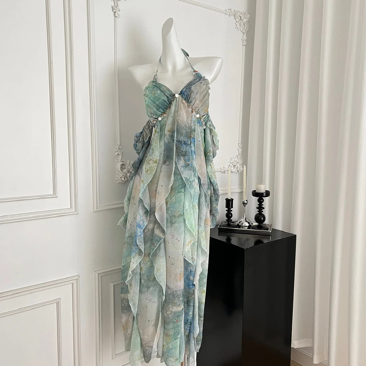 2026 Elegant Halter Neck Ruffled Maxi Dress Women Blue Green Floral Print Bohemian Design Beach Vacation Casual Party Dress New