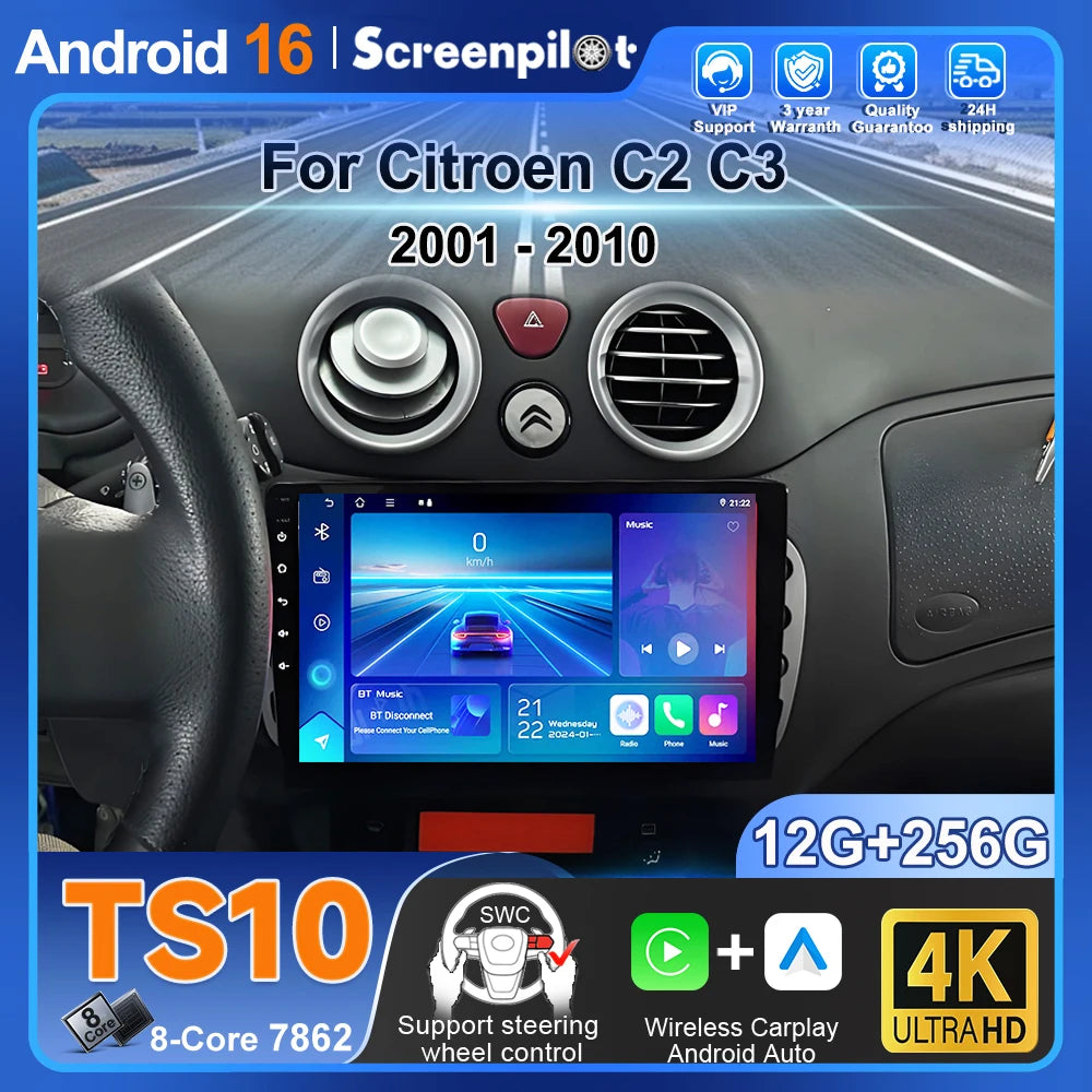 For Citroen C2 C3 2001 2002 2003 - 2010 Android 16 Auto Radio Stereo Multimidia Player Gps Navigation Carplay Dvr Touch Screen