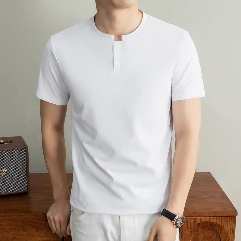 Men's Thin-Knit Henley - Two-Button Split Neck, Slim Elastic Fit