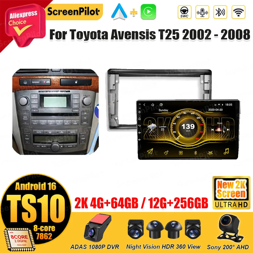 For Toyota Avensis T25 2002 - 2008 Android 16 Multimedia Video Player 2 din GPS Navigation Mirror Link  Wireless Android Auto 5G