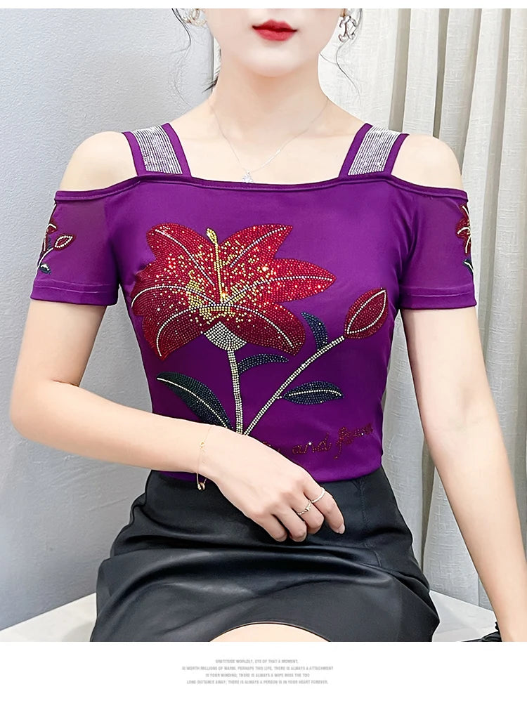 Women's Off-Shoulder Rhinestone Mesh Top