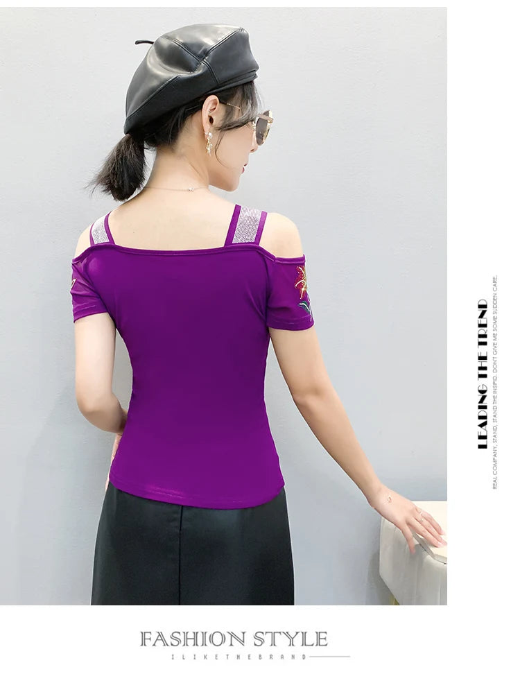 Women's Off-Shoulder Rhinestone Mesh Top