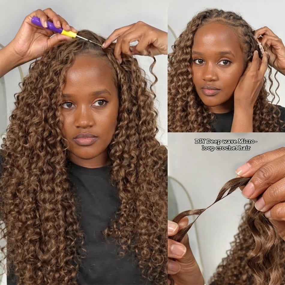 Color Brown Burmese Water Wave Braiding Hair Knotless Pre-Separated Deep Curly Feather Crochet Human Hair Extensions Invisible