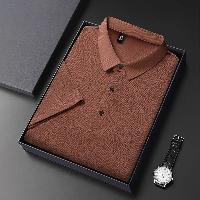Men's Print Lapel Polo - Wood-Tile Pattern, Half-Button Placket