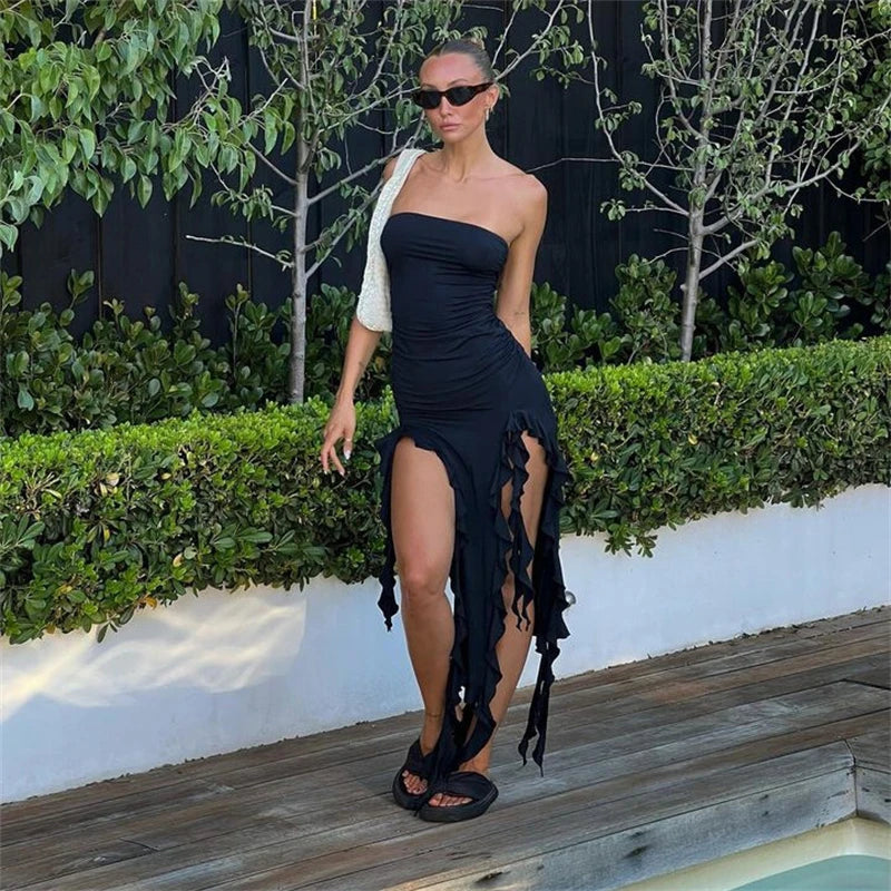 2026 Summer Maxi Women's Dress Vintage Elegant black Fashion Sleeveless Slim Backless Irregular Tassel Party Dresses Street Robe