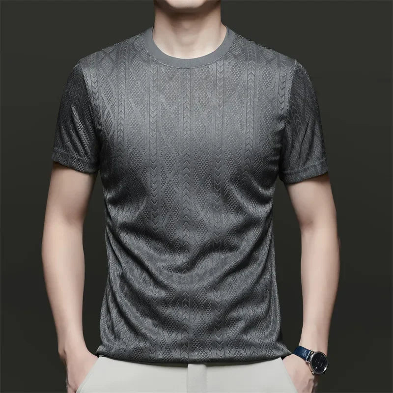 Men's Ice-Silk Jacquard Tee - Crew Neck, Cool-Touch Hollow Mesh