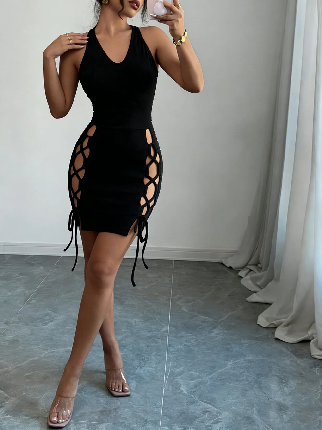 Women's Halter V-Neck Side Cutout Lace-Up Bodycon Mini Dress – Sexy Club & Date Night Dress | S–XXL (Black)