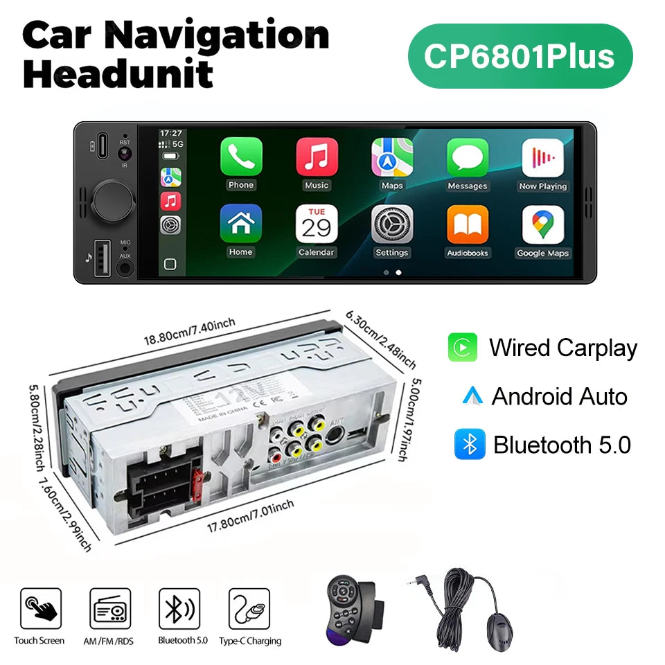 6.86" 1-DIN Universal Car Stereo — Wireless CarPlay, Android Auto, Bluetooth, USB/AUX
