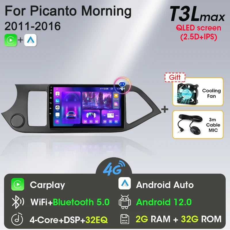 2-DIN Android Car Stereo for Kia Picanto / Morning (2011–2016) — CarPlay, Android Auto, GPS Navigation