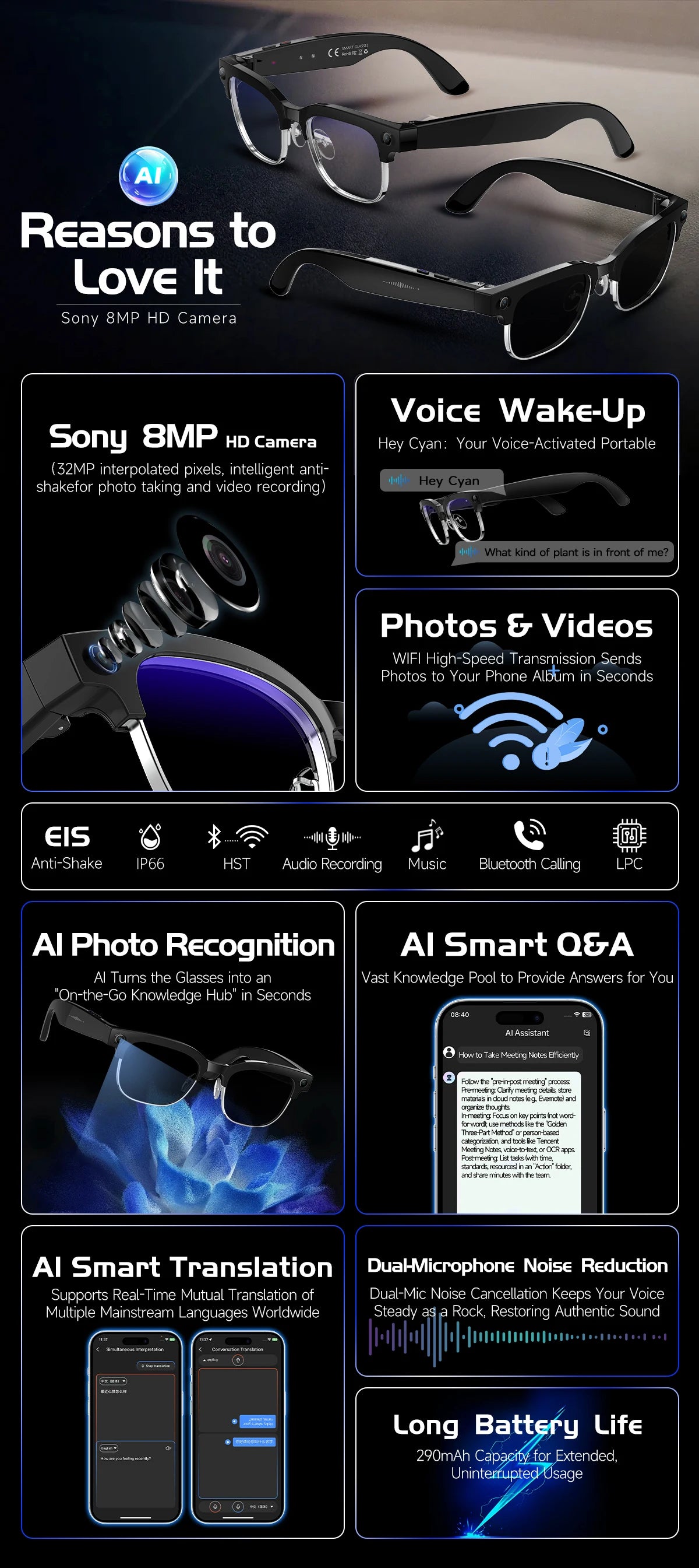 GUHUAVMI W630 AI Smart Glasses – 800MP Dual Camera, 4K Video, BT 5.3, AI ChatGPT, Voice Translation & Blue Light Blocking