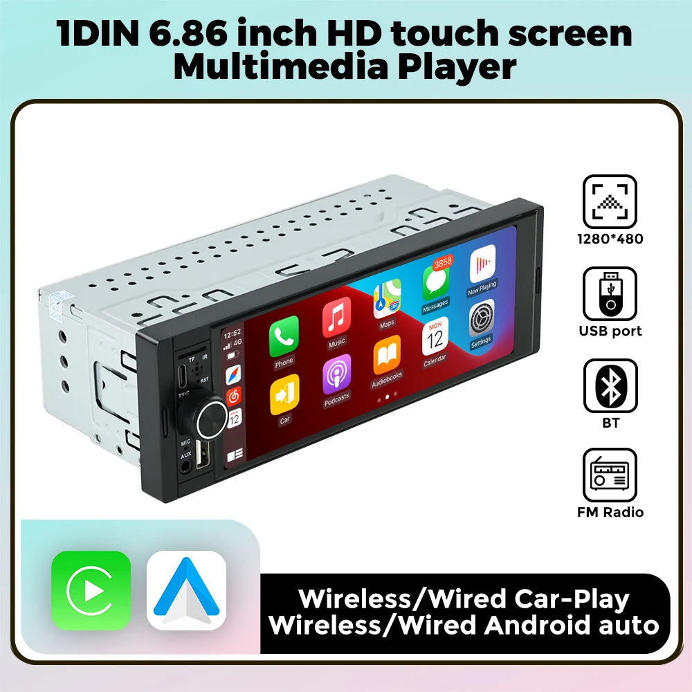NaviFly 6.86" 1-DIN Car Stereo — Wireless CarPlay, Android Auto, MP5 Player, FM Radio