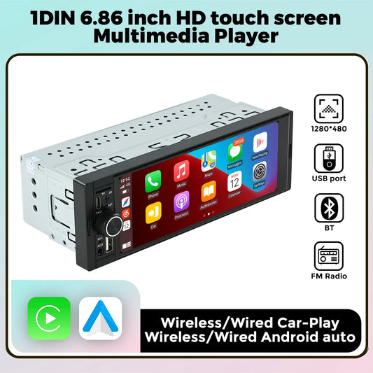 NaviFly 6.86" 1-DIN Car Stereo — Wireless CarPlay, Android Auto, MP5 Player, FM Radio