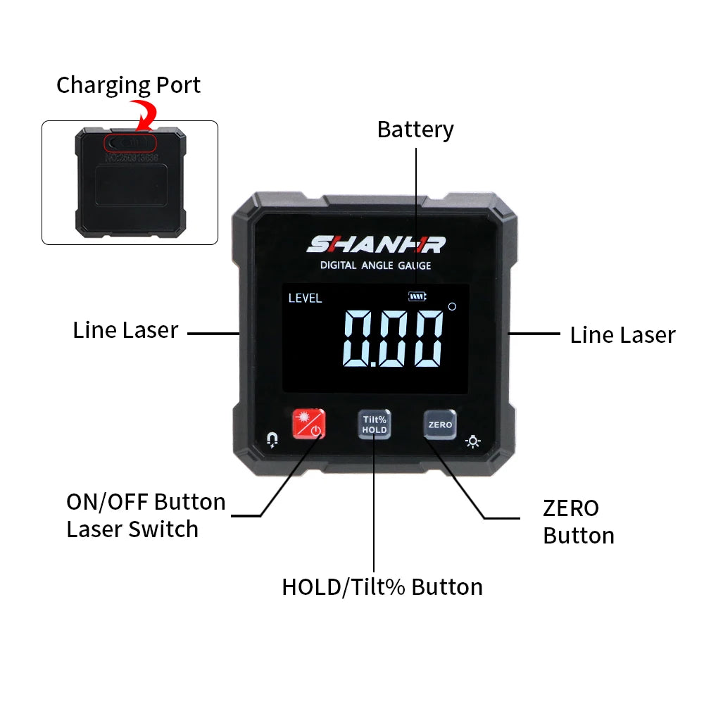 SHAHE Rechargeable Digital Angle Finder with Dual Laser- 4-Side Magnetic Inclinometer Woodworking Measuring Tool Level Box