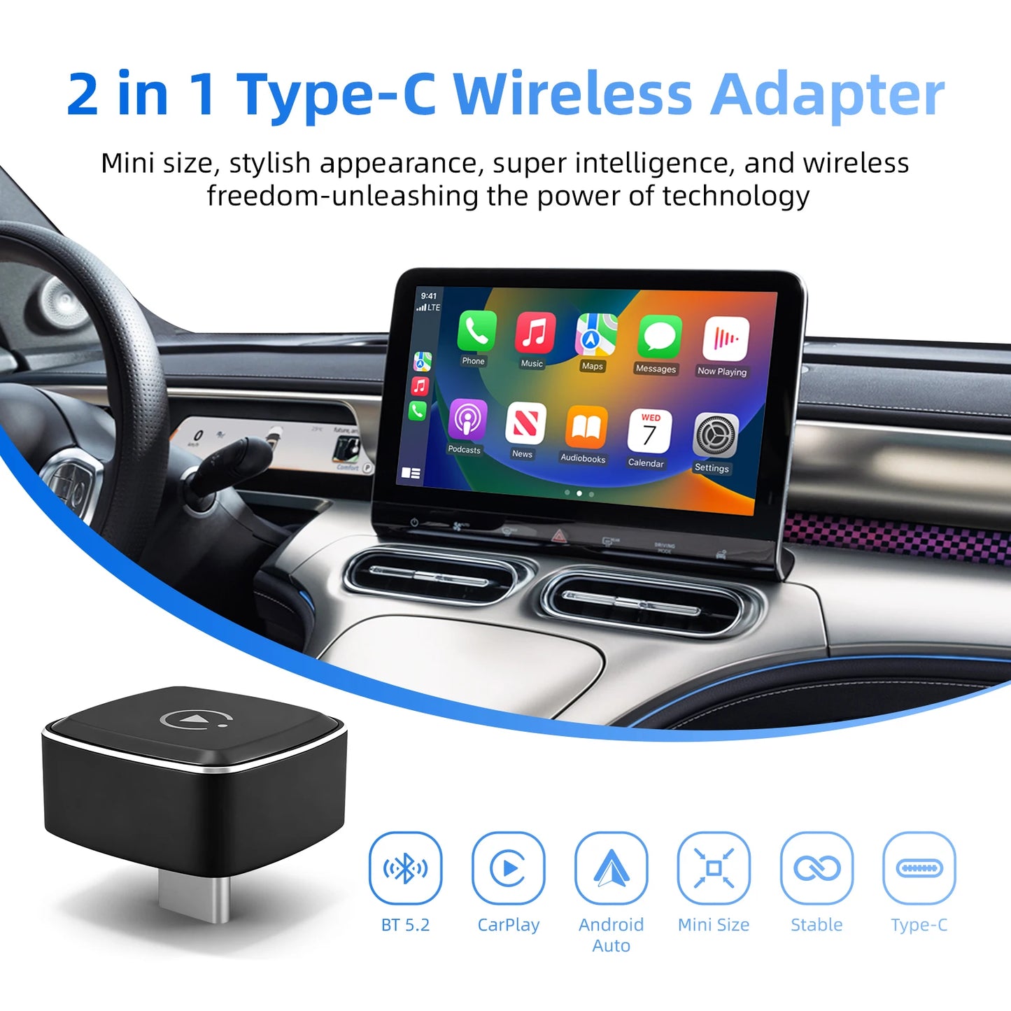 2026 2-in-1  Ultra-Compact Wireless CarPlay Android Auto Adapter for Factory Type-C Wired Cars with 5G WiFi BT5.0 Plug and Play