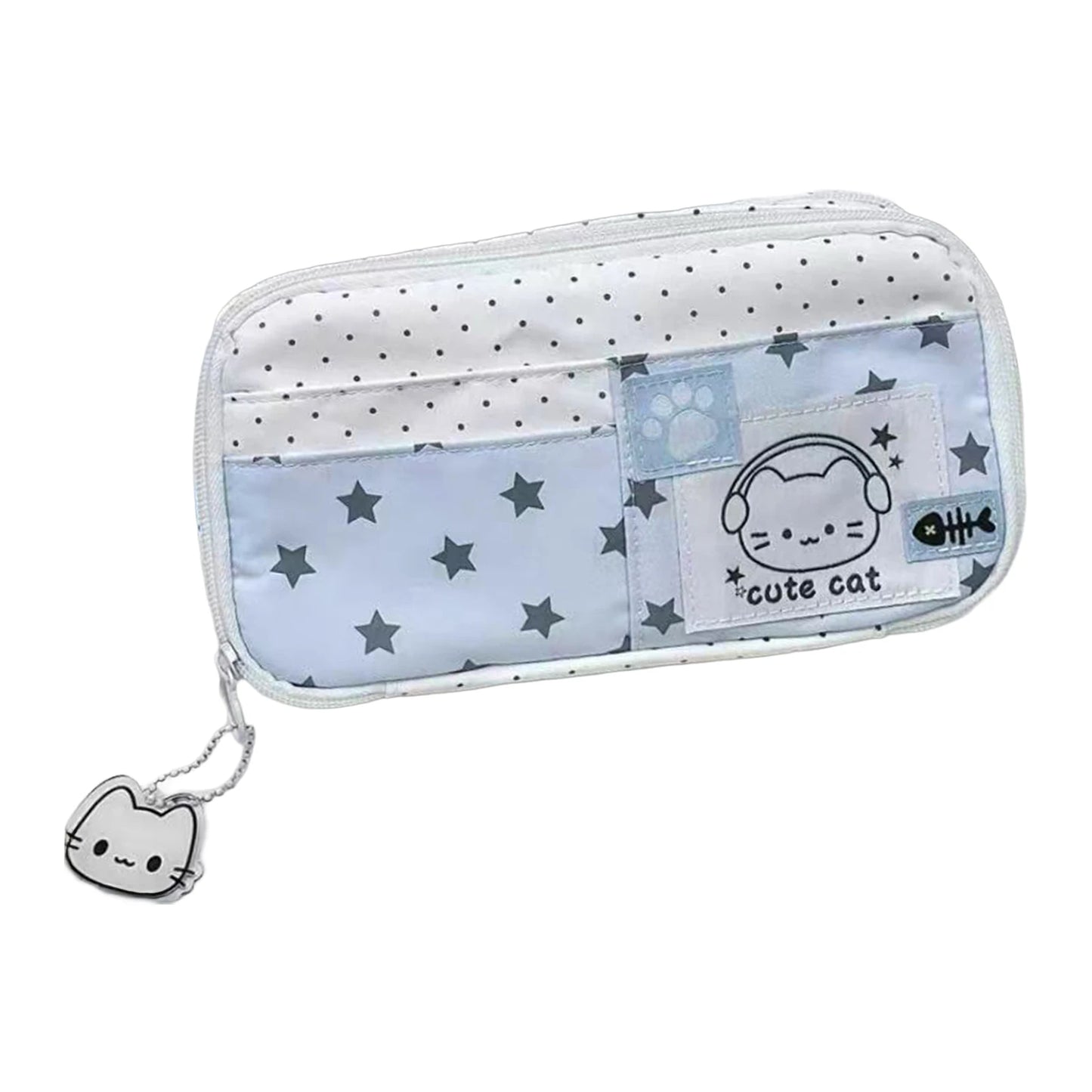 Cute Cat Pattern Blue Polka Dot Pencil Case for Students