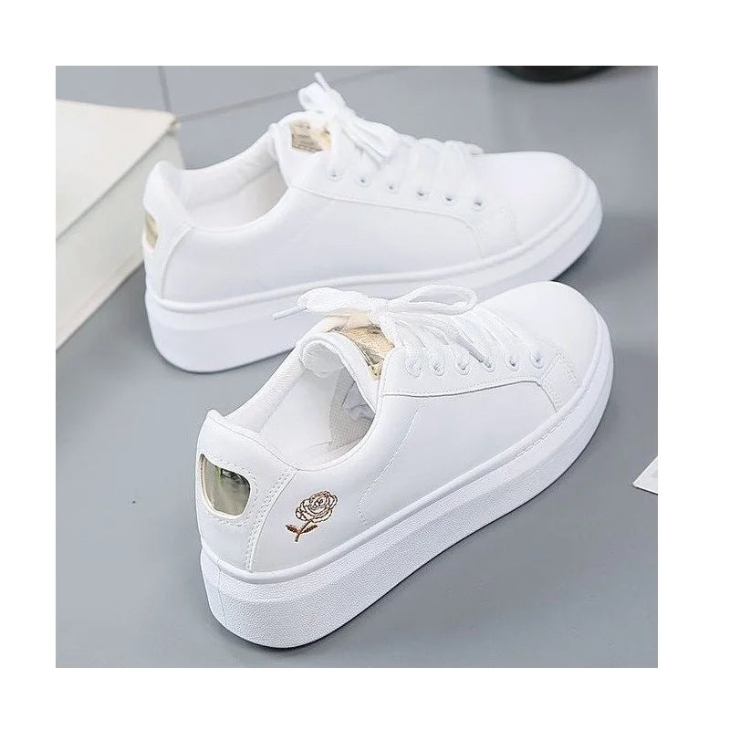 Embroidered Floral Sneakers for Women — Breathable Lace-Up White Tennis Shoes