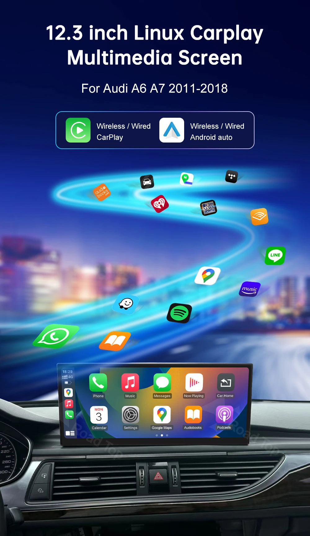 Road Top 12.3" Linux Screen For Audi A6 C6 A7 C7 2026-2026 with Wireless CarPlay Android Auto Airplay Car Radio Player