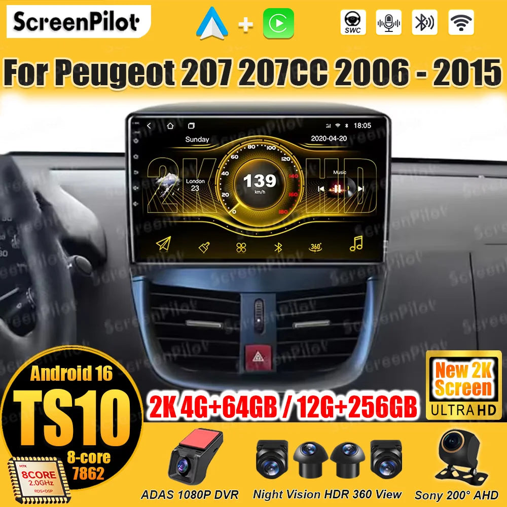 9" Android Car Stereo for Peugeot 207 & 207CC (2006–2015) — Wireless Android Auto, CarPlay, GPS, WiFi