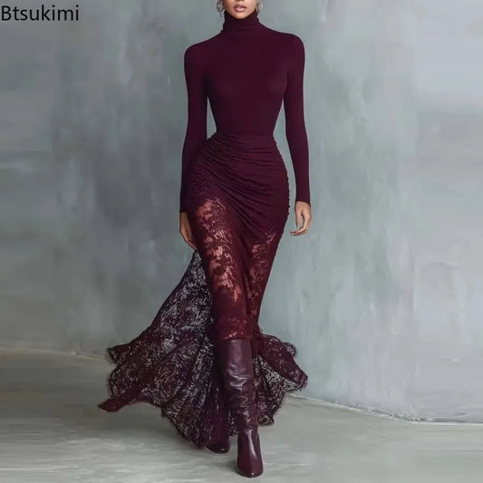 New Women's Turtleneck Long Sleeve Slim Lace Patchwork Dress Ruched Mermaid Elegant Long Sleeve Evening Gown Maxi Dresses Female