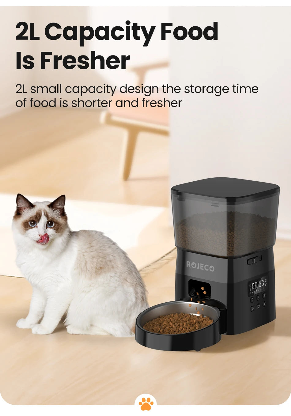 ROJECO Automatic Pet Feeder – 2L Smart Button Control Cat & Dog Food Dispenser | US/EU/KR Plug