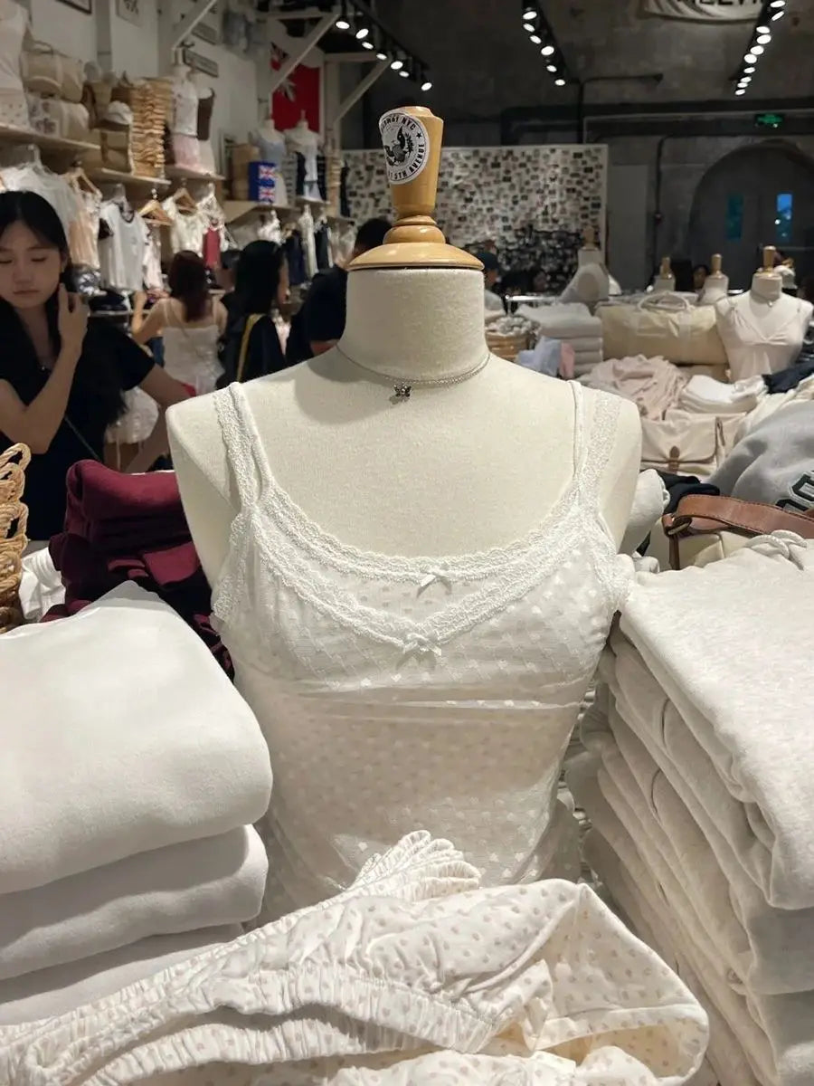 New Blue Lace Transparent Tank Tops Summer Bow Sexy V Neck Sleevless Slim Thin Camis Women Vintage Solid Sweet Mesh Crop Top