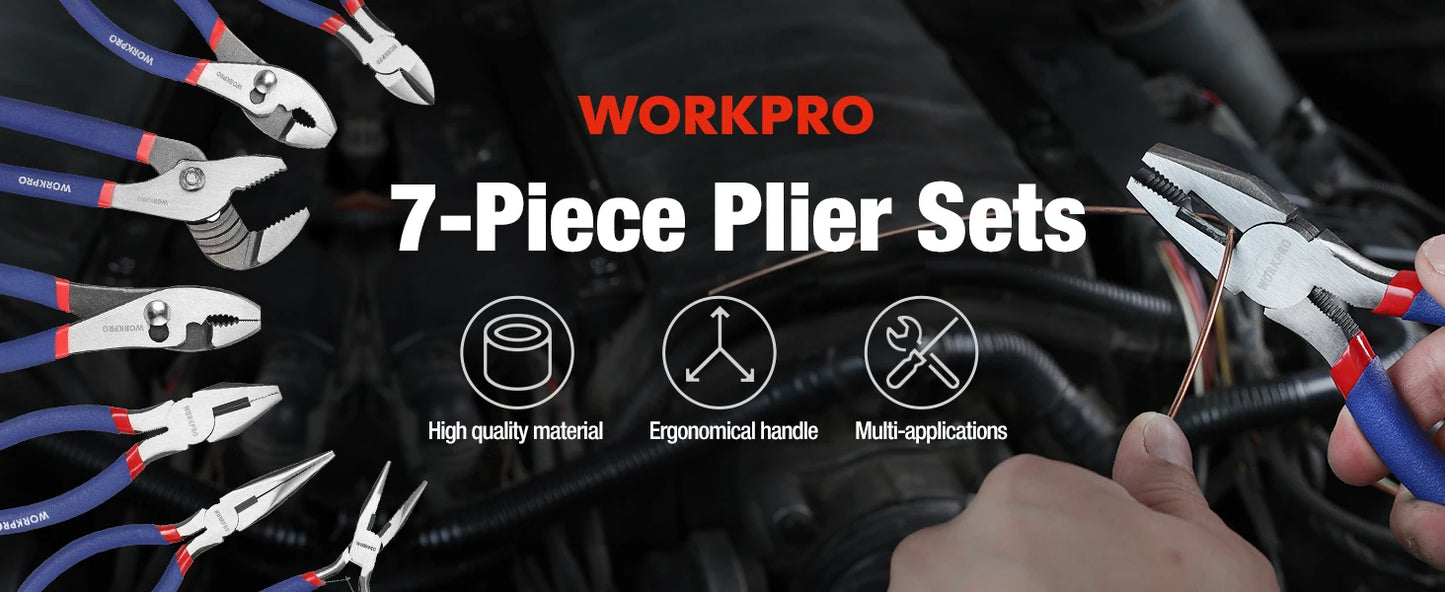 WORKPRO 7-Piece Pliers Set – Groove Joint, Long Nose, Slip Joint, Linesman & Diagonal Pliers | Complete DIY Hand Tool Kit