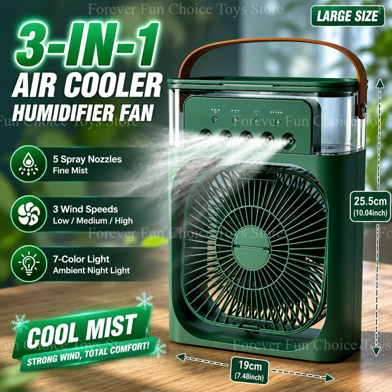 3-in-1 Portable Evaporative Air Cooler – Misting Fan, Humidifier & LED Light