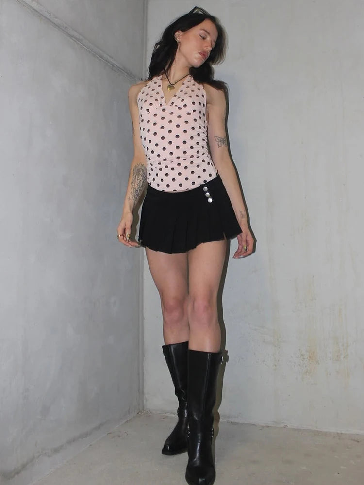 Women's Polka Dot Halter Tank Top – Lace-Up Backless V-Neck Skinny Y2K Streetwear Vest